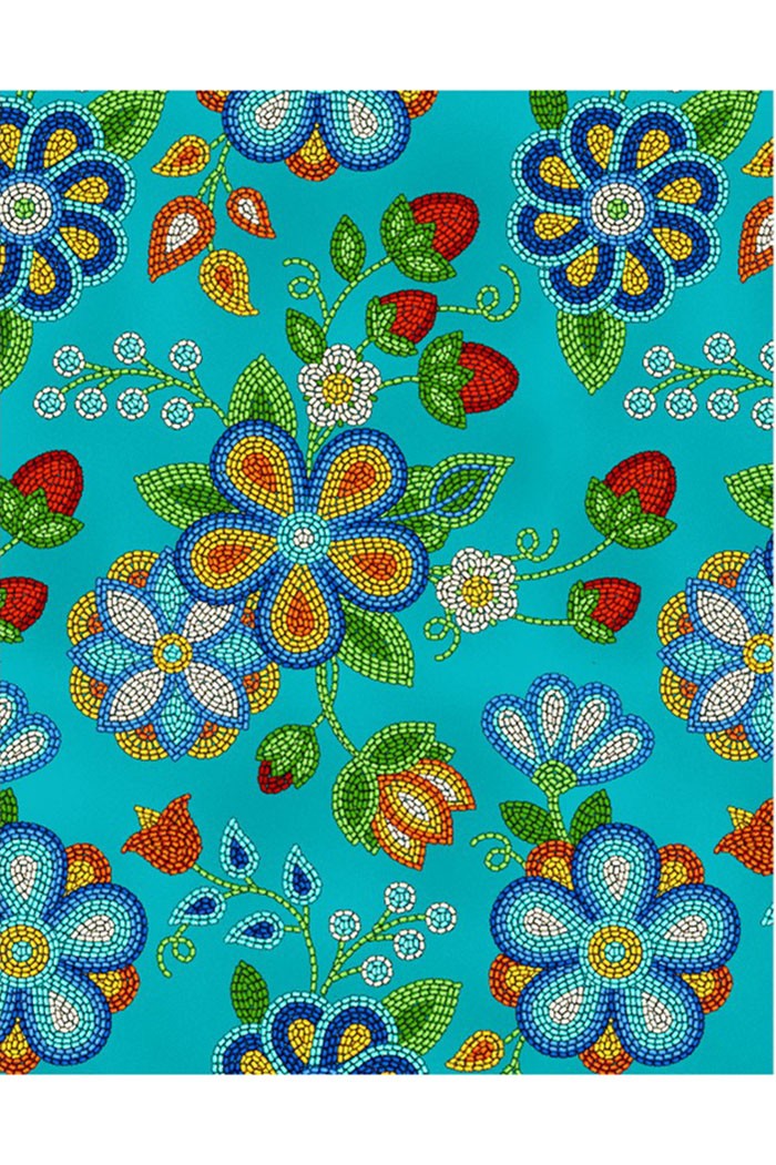 Native American Beaded Cotton Fabric Turquoise