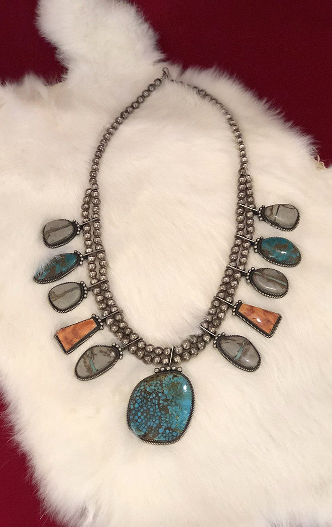 Native American, Navajo Indian, Angeline Miller, Turquoise Stones and Silver Necklace