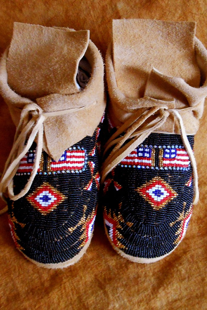 Yakama Fully Beaded Moccasins - Black with American Flags
