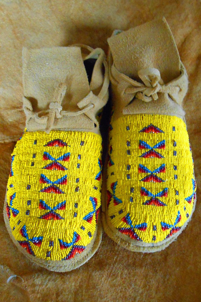 Yakima Hand Beaded Moccasins, Native American Made Yellow